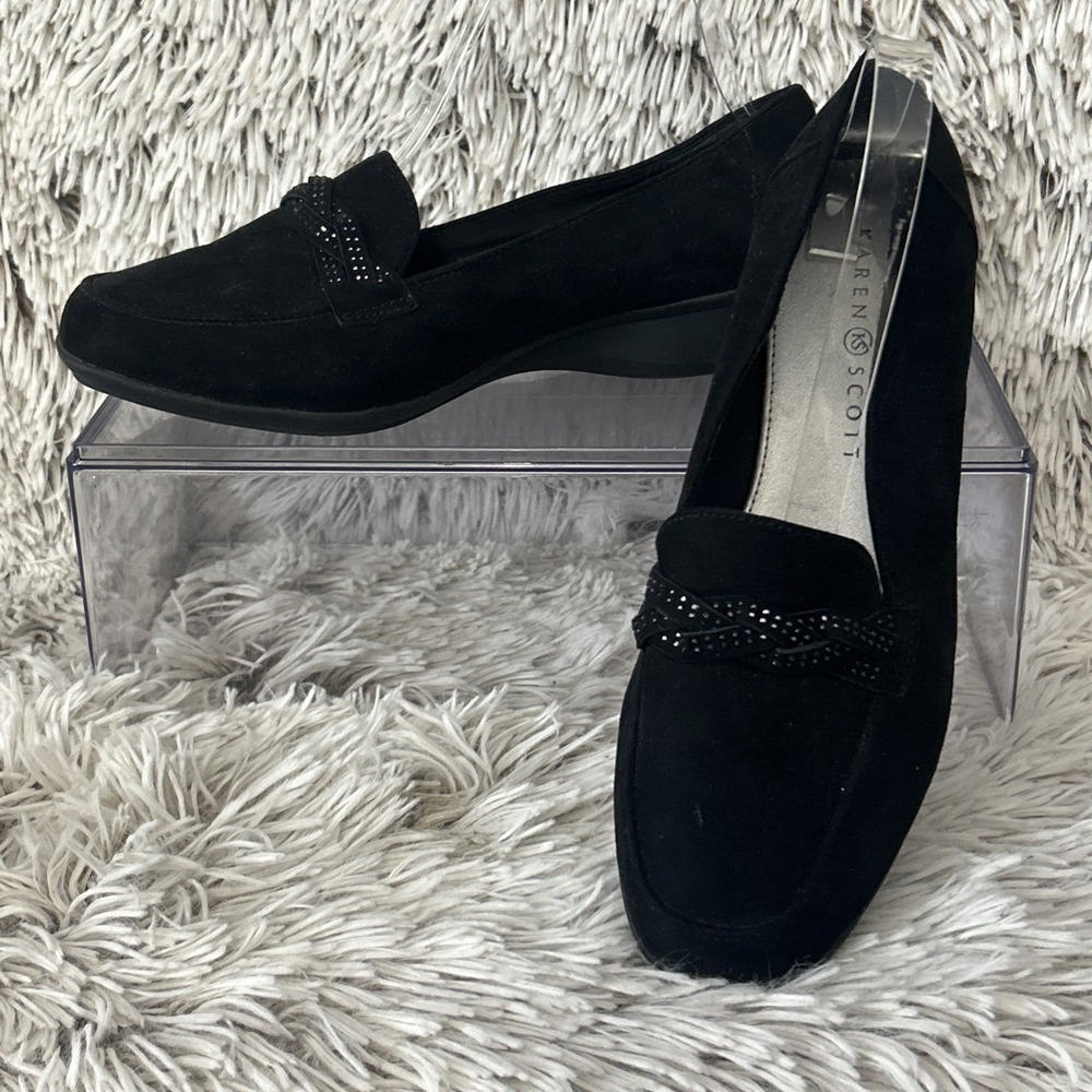 Karen Scott Women's Joonne Black Faux Suede W Rhinestones Wedge Loafers Sz. 8.5M